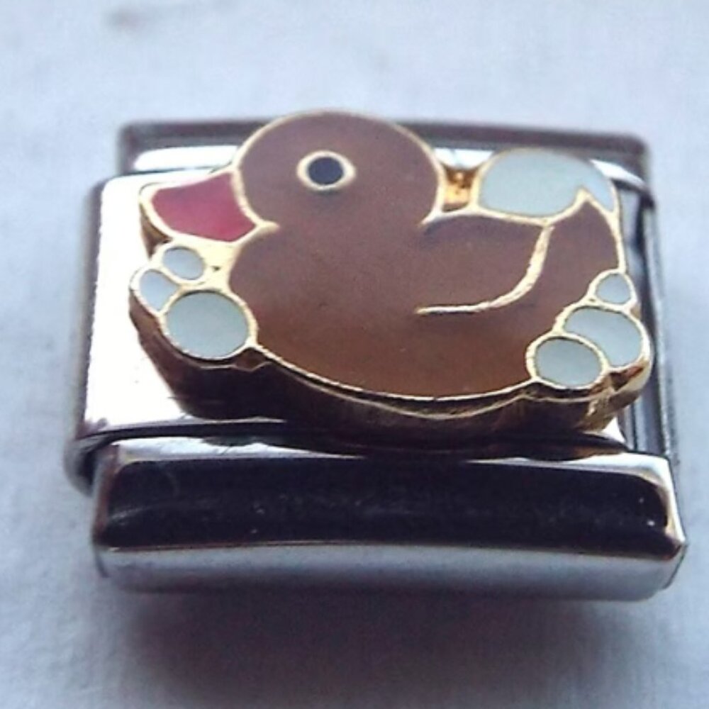 Brown enamel duck and bubbles 9mm stainless steel Italian charm bracelet link